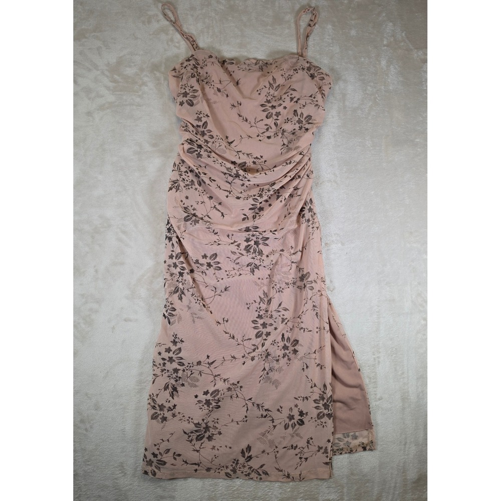 Misty Rose Beige Floral Mesh Ruched Midi‎ Dress Womens Medium MD6580 Made in USA